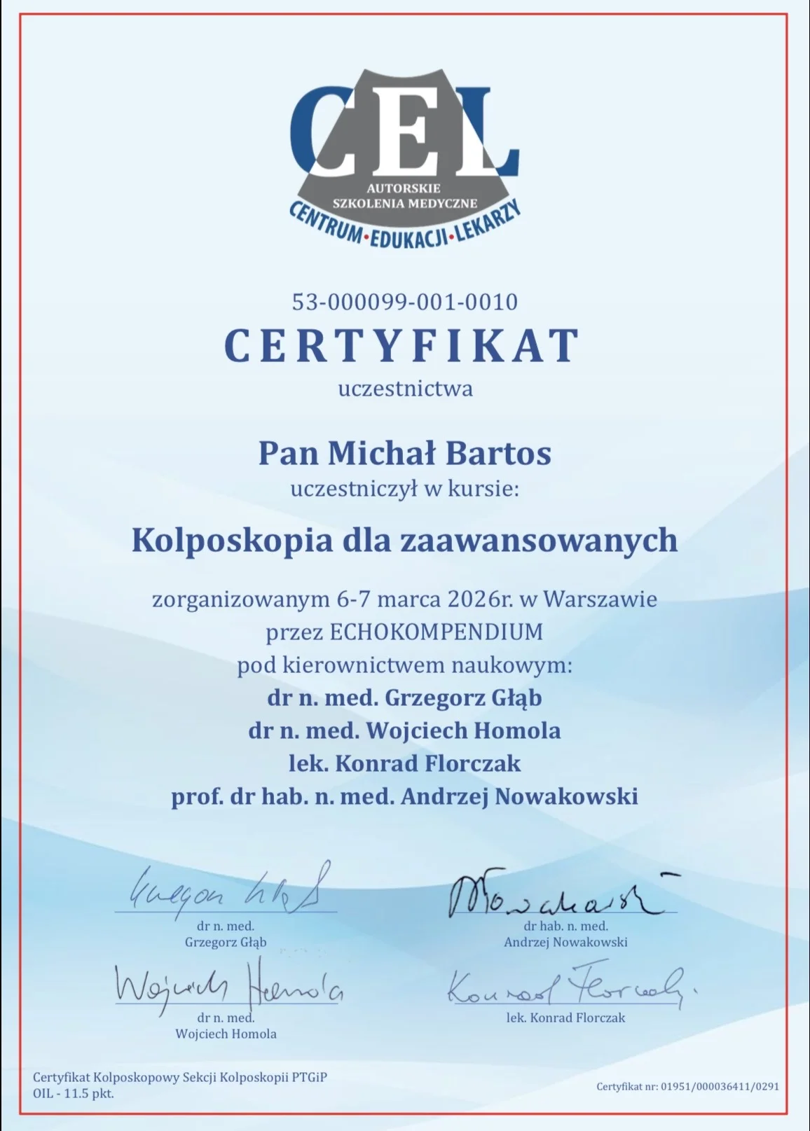 Certyfikat — Kolposkopia