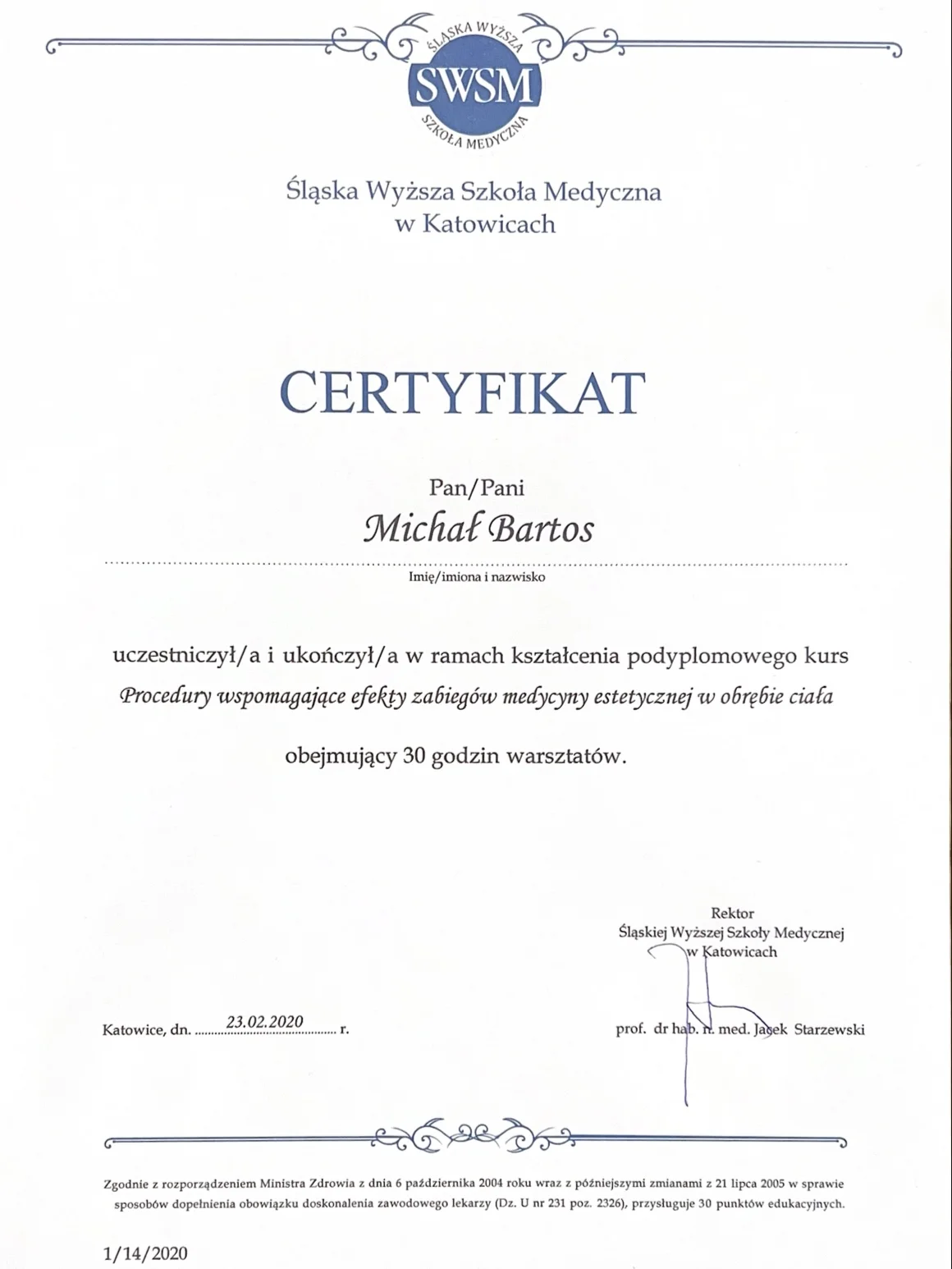 Certyfikat — zabiegi na ciało